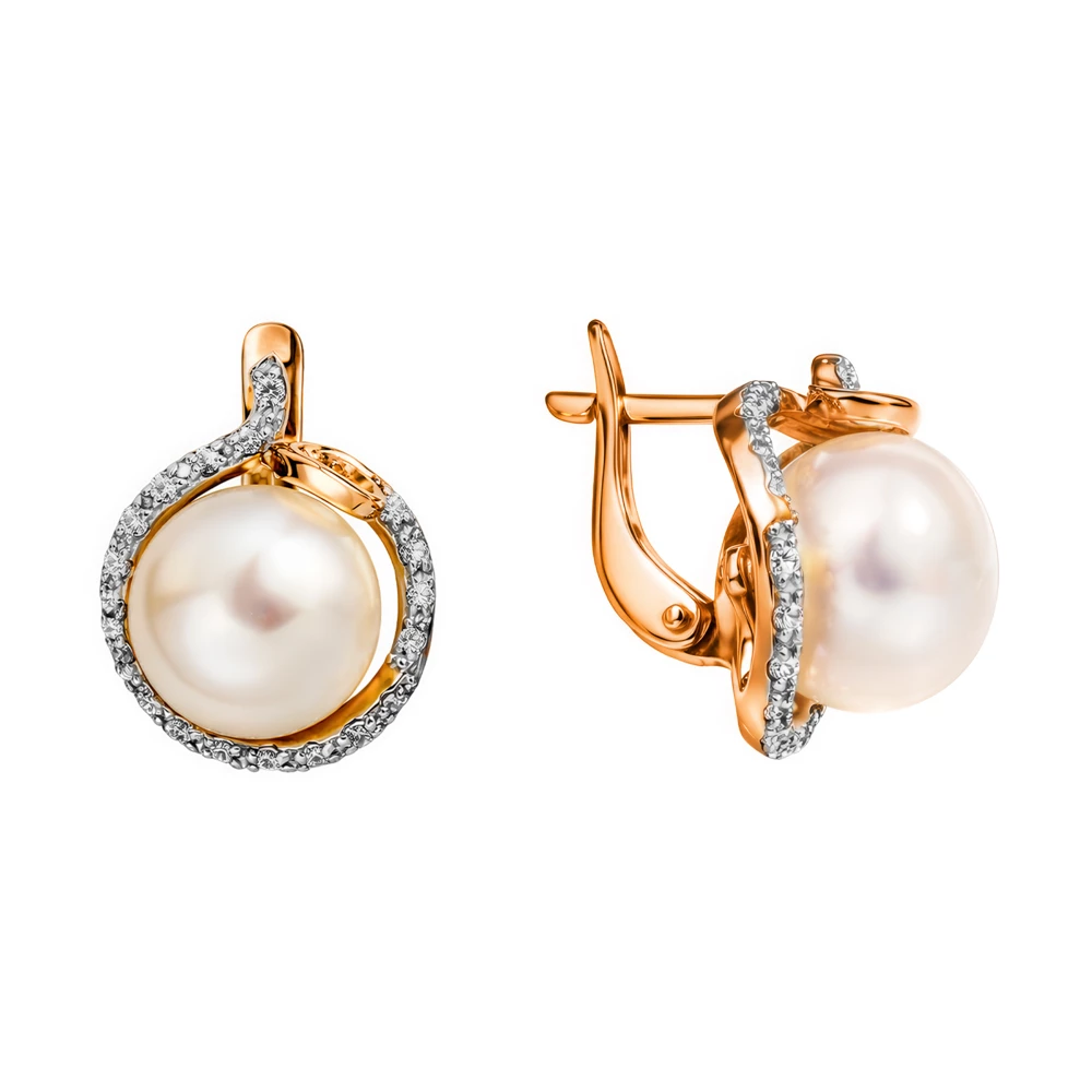 Серьги с культивированным жемчугом и фианитами из красного золота 375 пробы Серьги с культивированным жемчугом и фианитами из красного золота 375 пробы