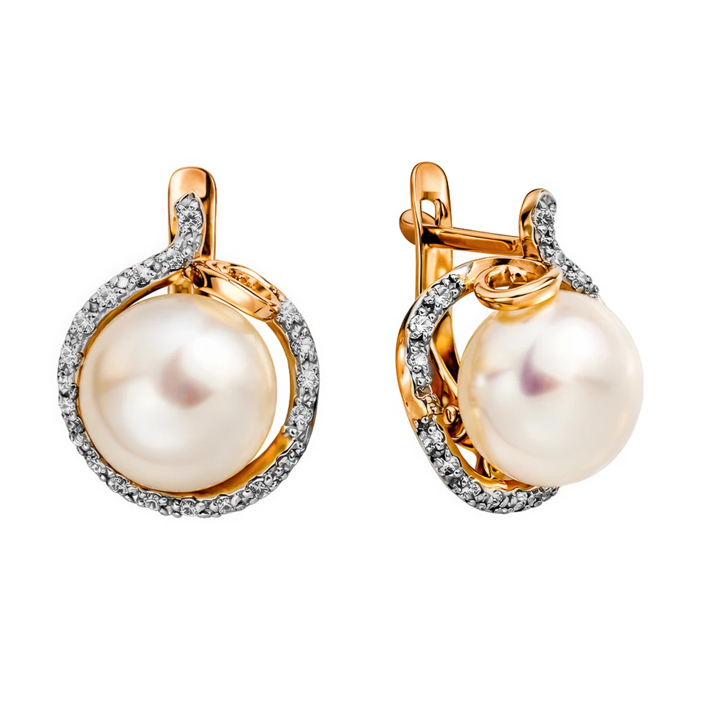 Серьги с культивированным жемчугом и фианитами из красного золота 375 пробы Серьги с культивированным жемчугом и фианитами из красного золота 375 пробы