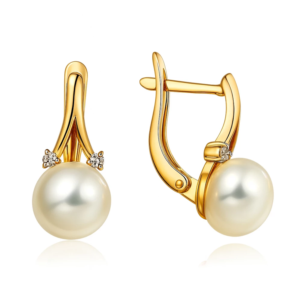 Серьги с культивированным жемчугом и фианитами из красного золота 375 пробы