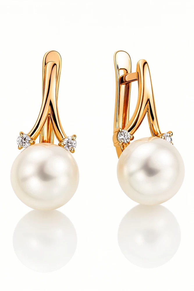 Серьги с культивированным жемчугом и фианитами из красного золота 375 пробы