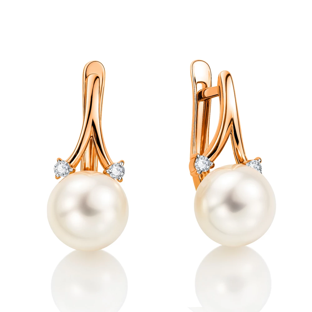 Серьги с культивированным жемчугом и фианитами из красного золота 375 пробы