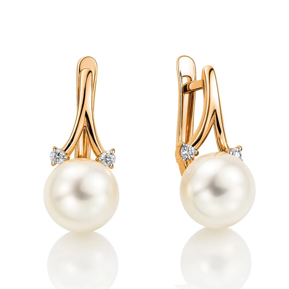 Серьги с культивированным жемчугом и фианитами из красного золота 375 пробы