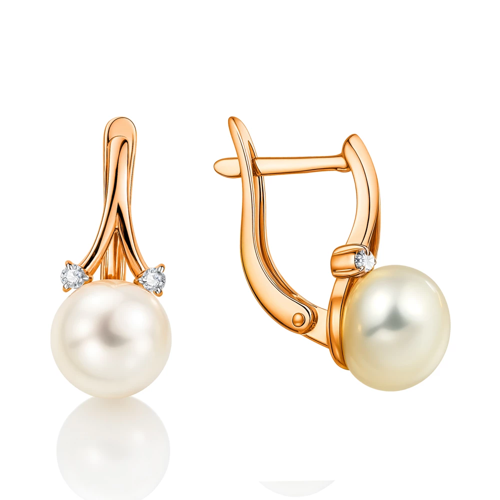 Серьги с культивированным жемчугом и фианитами из красного золота 375 пробы