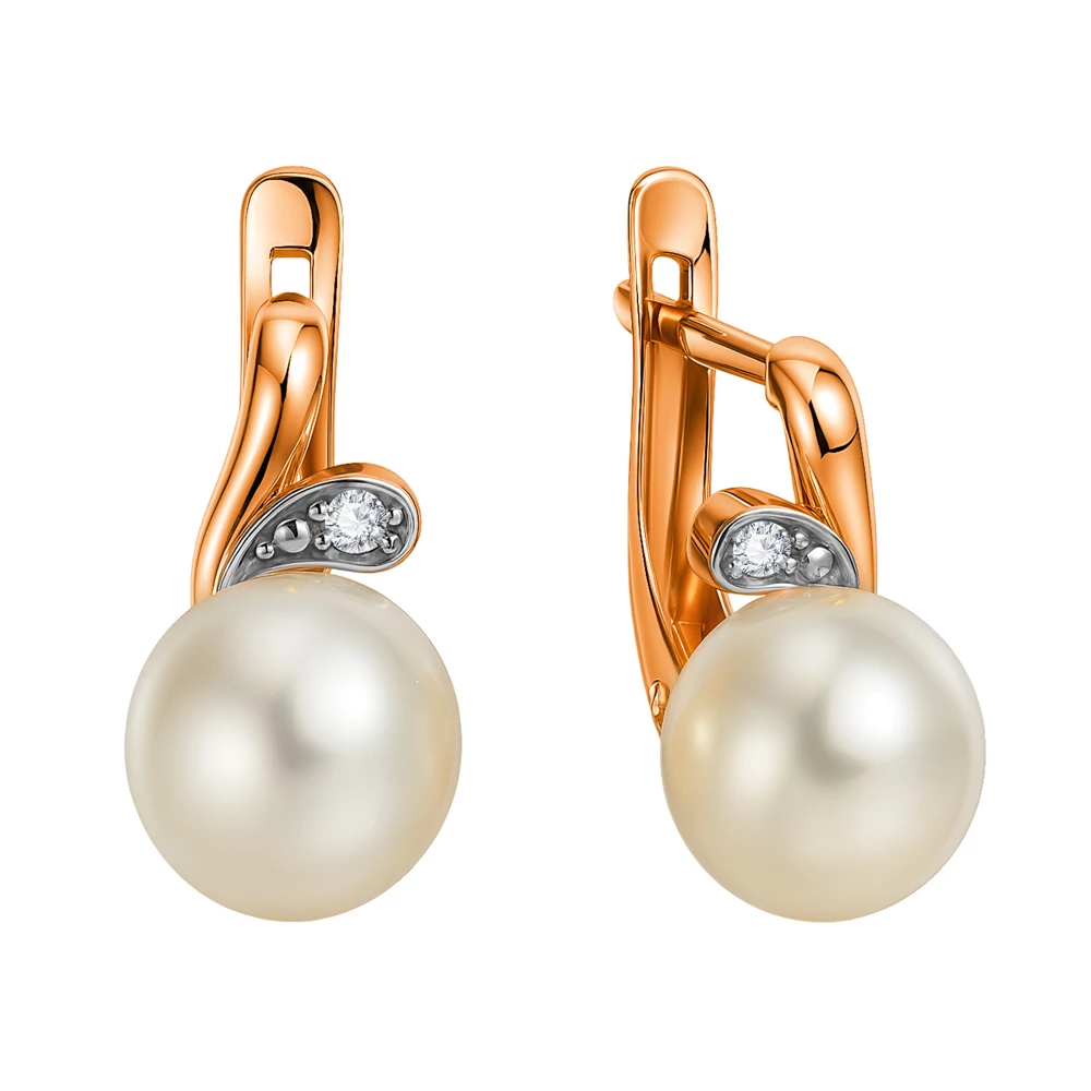 Серьги с культивированным жемчугом и фианитами из красного золота 375 пробы Серьги с культивированным жемчугом и фианитами из красного золота 375 пробы