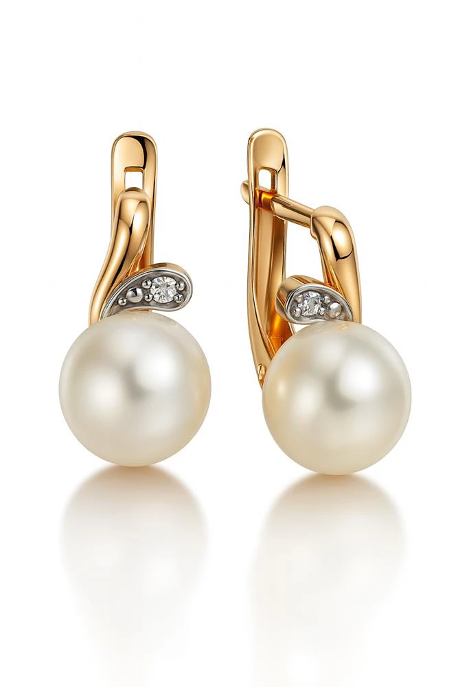 Серьги с культивированным жемчугом и фианитами из красного золота 375 пробы Серьги с культивированным жемчугом и фианитами из красного золота 375 пробы