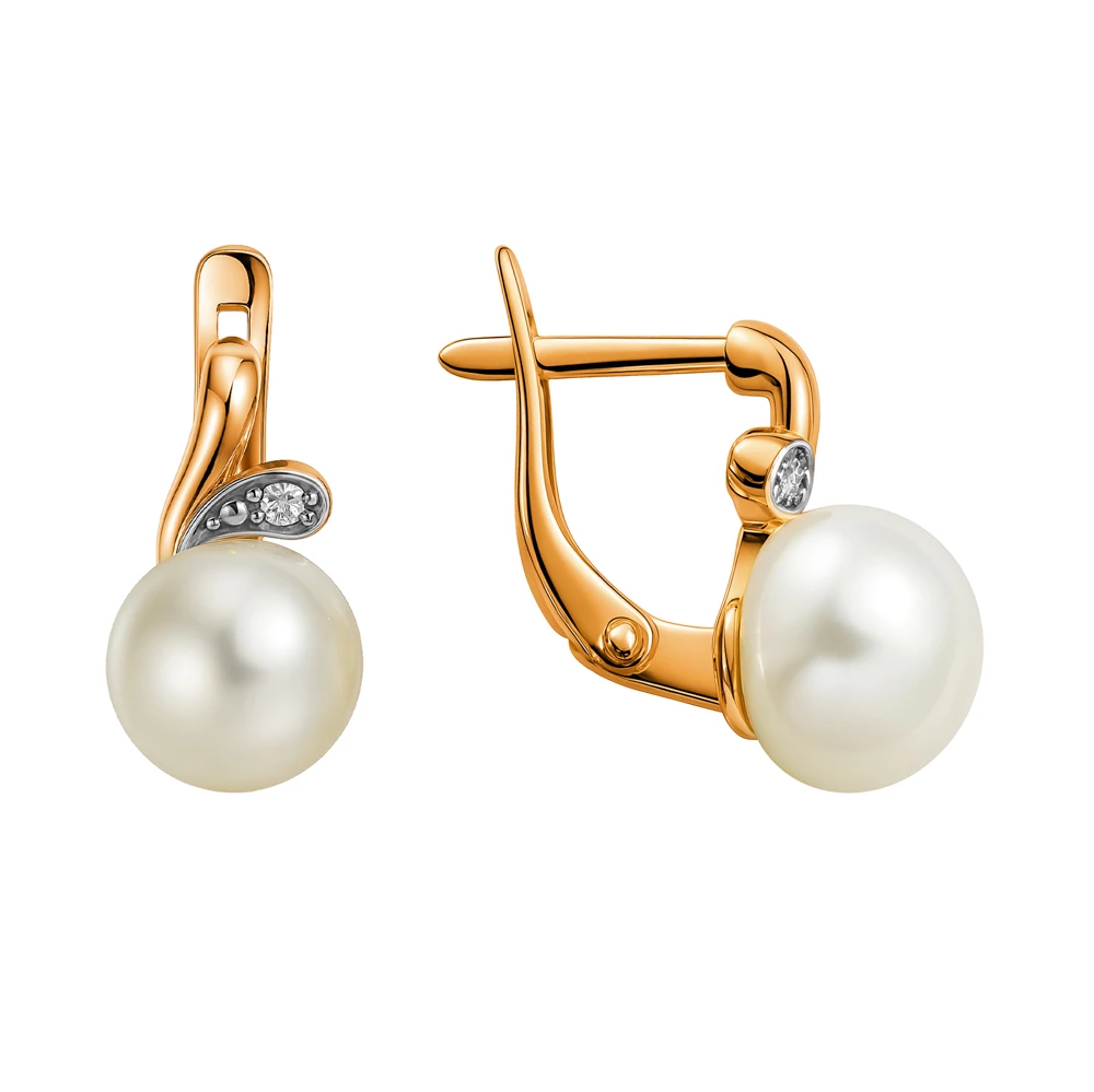 Серьги с культивированным жемчугом и фианитами из красного золота 375 пробы
