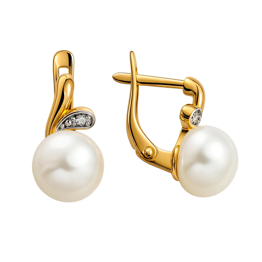 Серьги с культивированным жемчугом и фианитами из красного золота 375 пробы