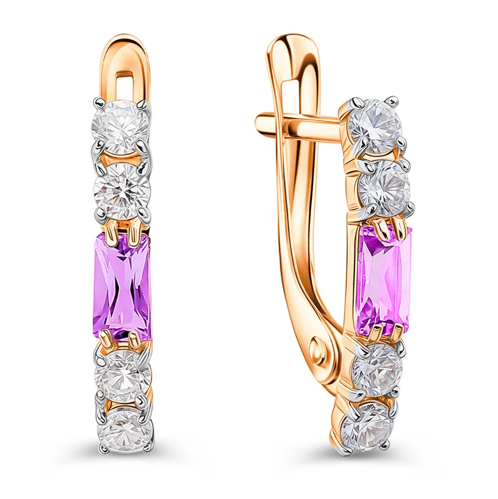 Серьги с аметистами и фианитами из красного золота 375 пробы