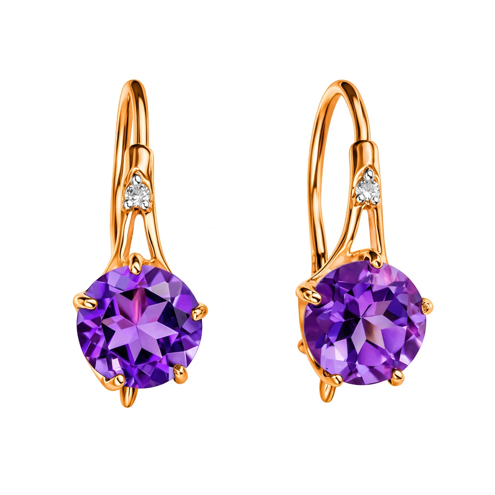 Серьги с аметистами и фианитами из красного золота 375 пробы