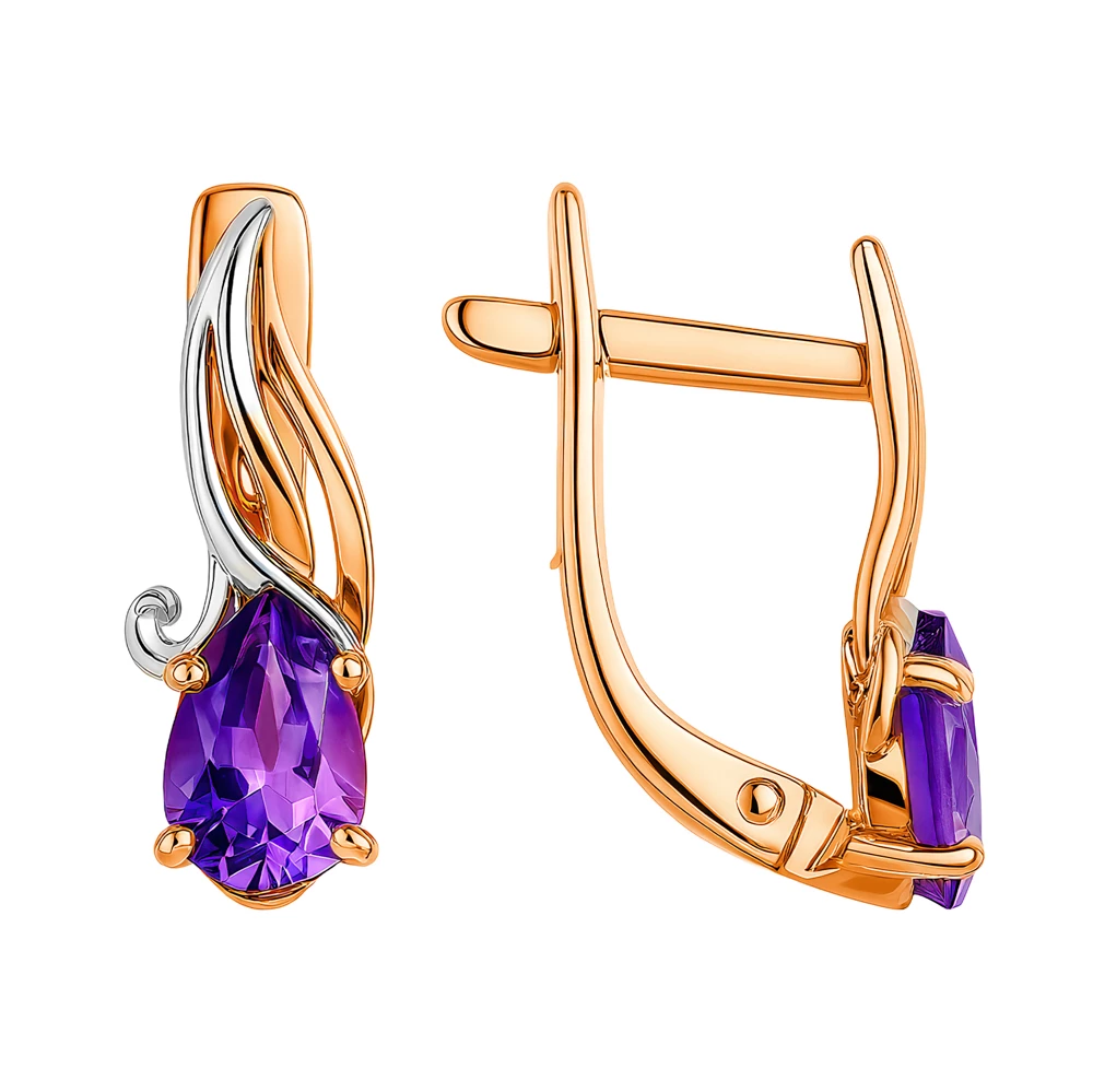 Серьги с аметистами из красного золота 375 пробы