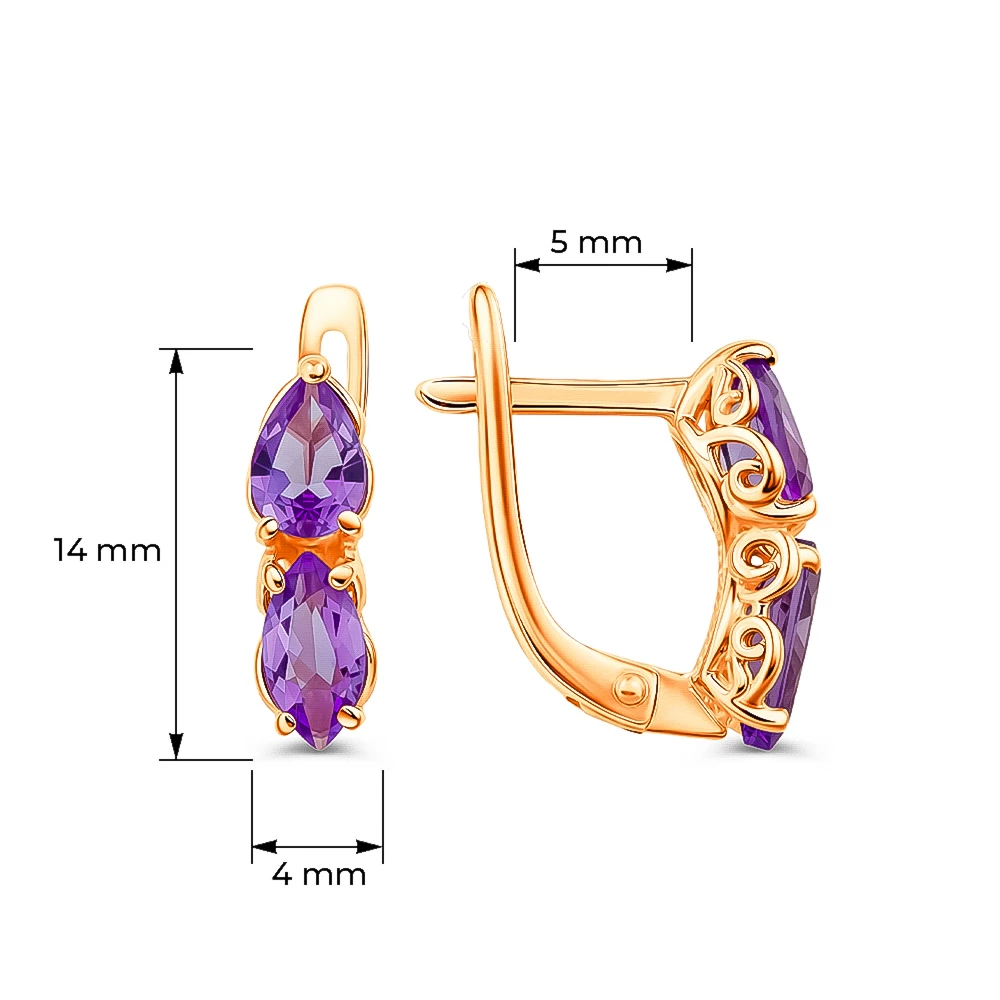 Серьги с аметистами из красного золота 375 пробы