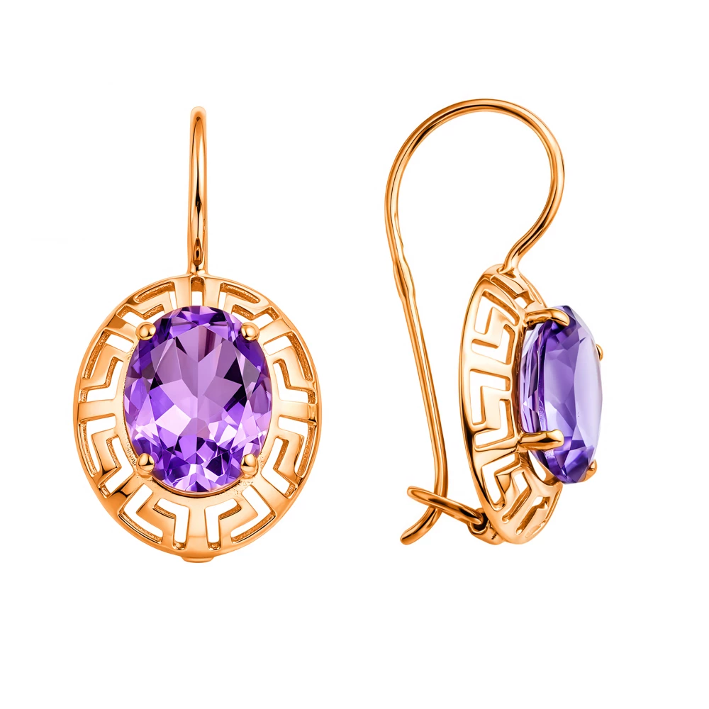 Серьги с аметистами из красного золота 375 пробы