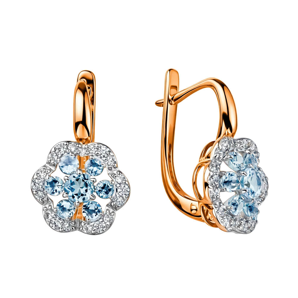 Серьги с топазами и фианитами из красного золота 585 пробы