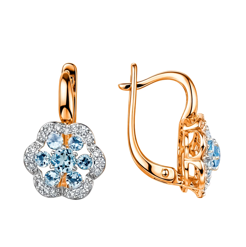 Серьги с топазами и фианитами из красного золота 585 пробы