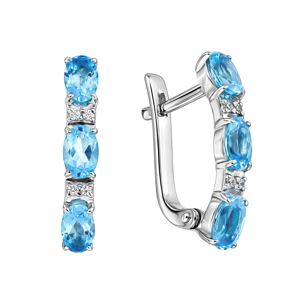 Серьги с топазами и фианитами из белого золота 585 пробы