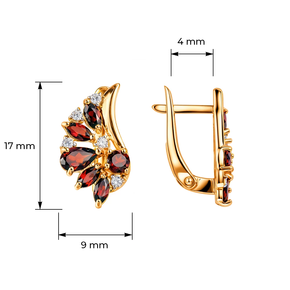 Серьги с гранатами и фианитами из красного золота 585 пробы