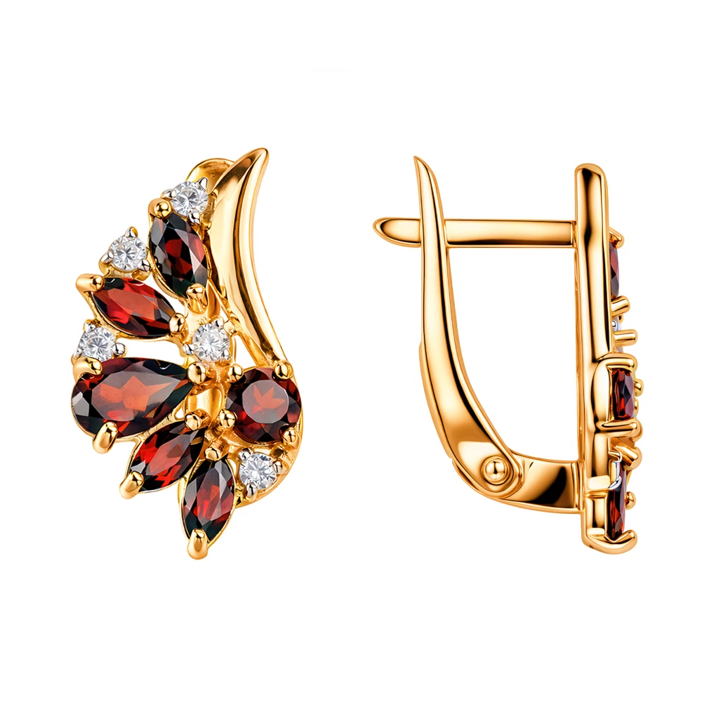 Серьги с гранатами и фианитами из красного золота 585 пробы