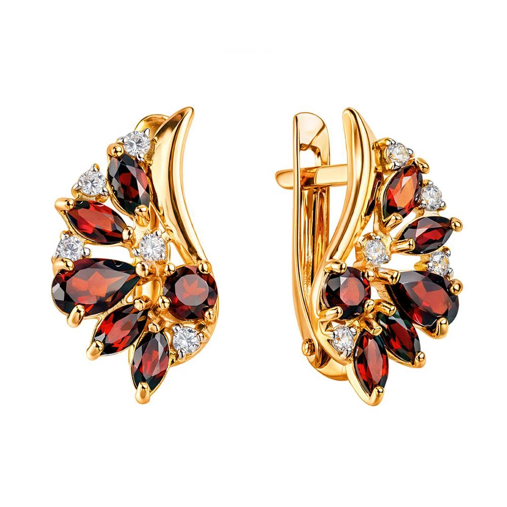 Серьги с гранатами и фианитами из красного золота 585 пробы