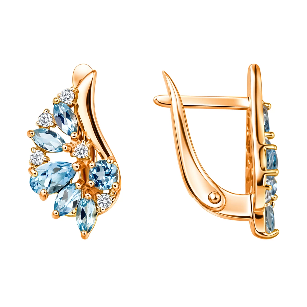 Серьги с топазами и фианитами из красного золота 585 пробы