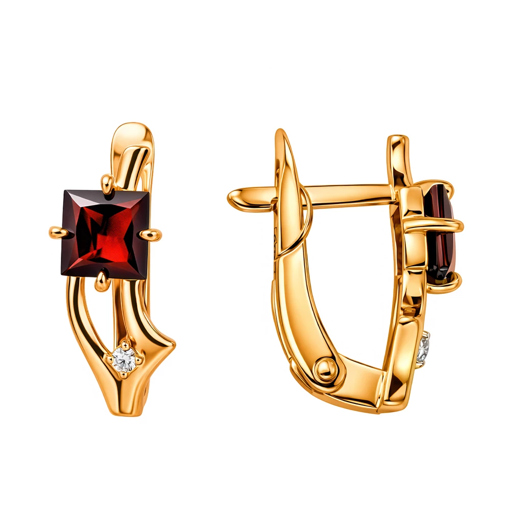 Серьги с гранатами и фианитами из красного золота 585 пробы