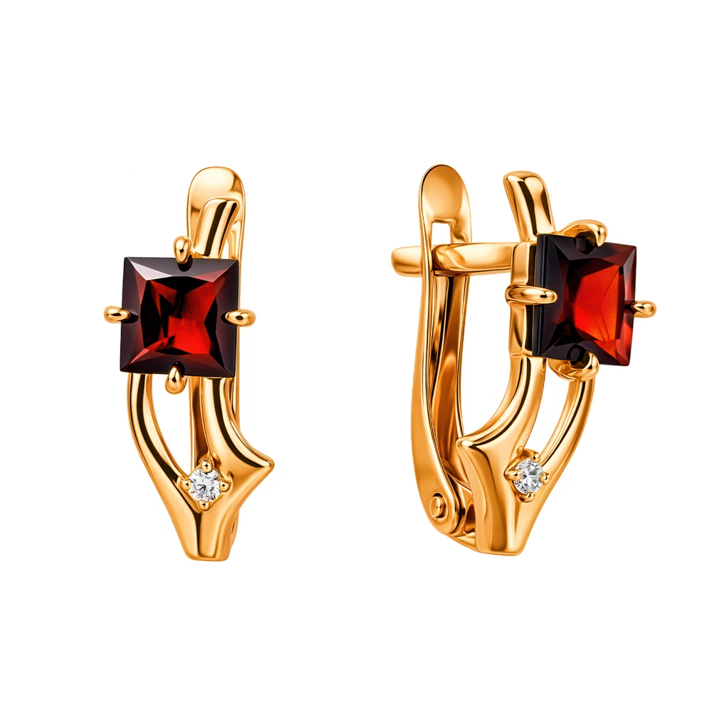 Серьги с гранатами и фианитами из красного золота 585 пробы