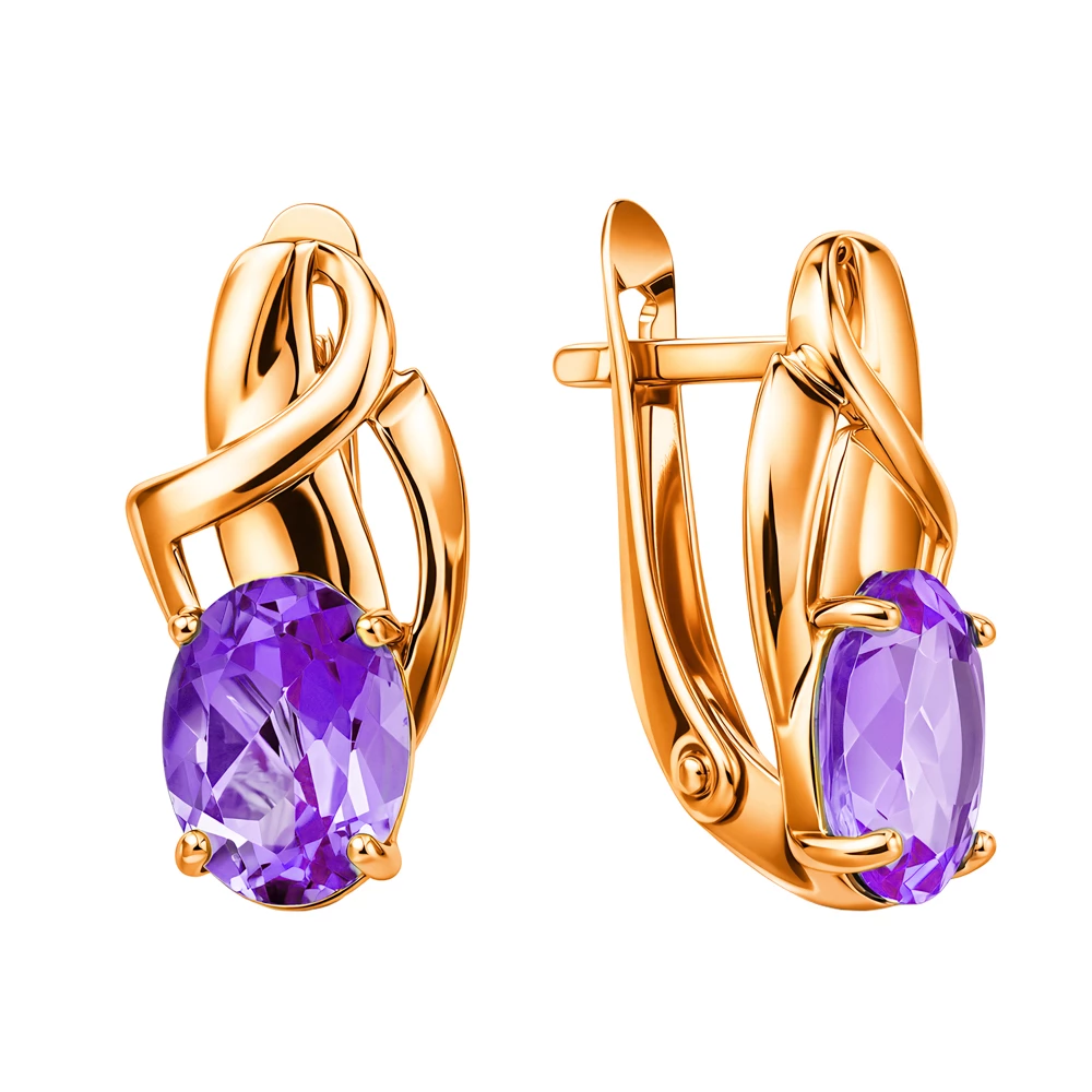 Серьги с аметистами из красного золота 585 пробы