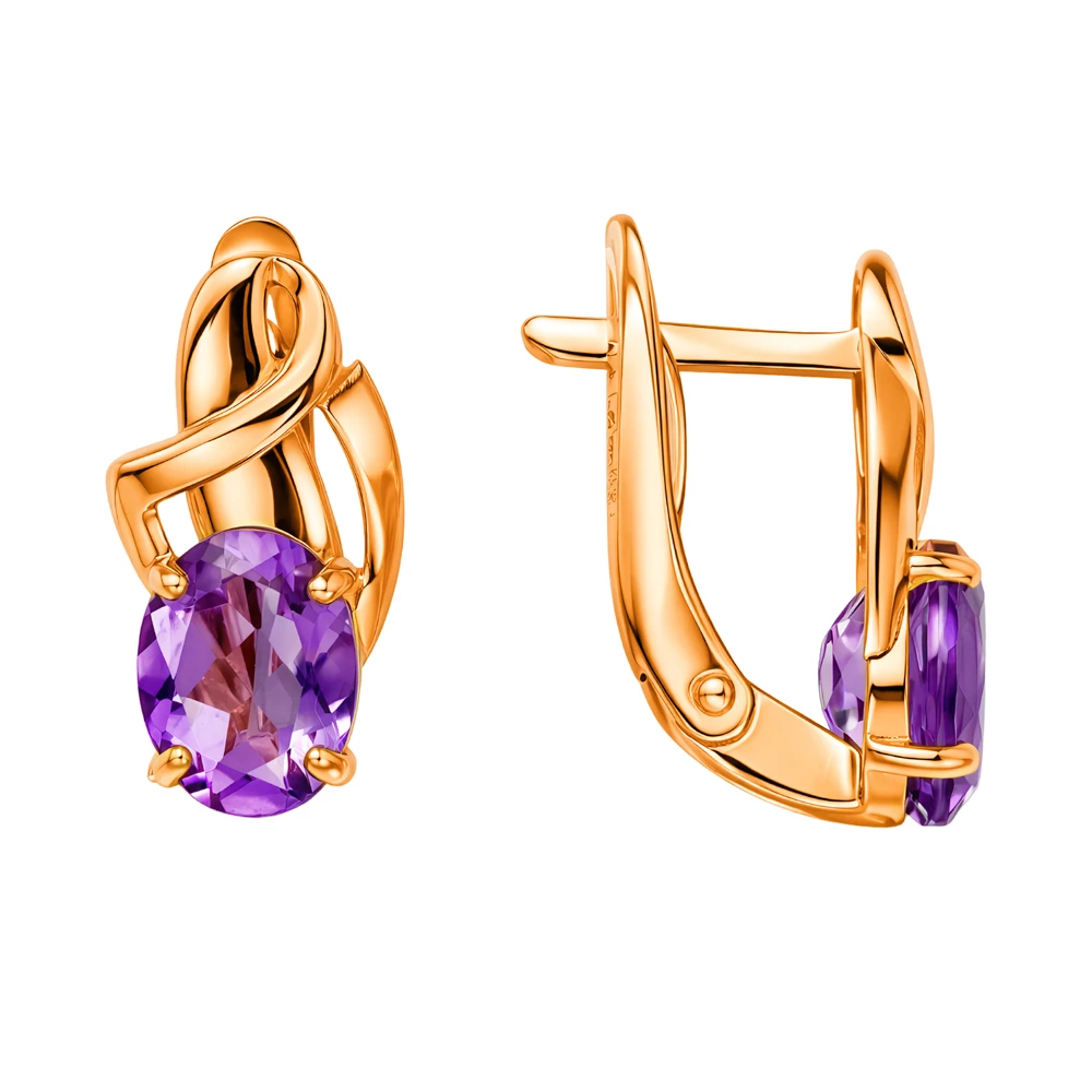 Серьги с аметистами из красного золота 585 пробы