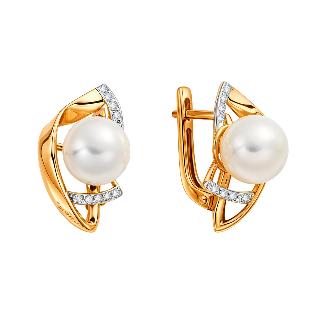 Серьги с культивированным жемчугом и фианитами из красного золота 585 пробы