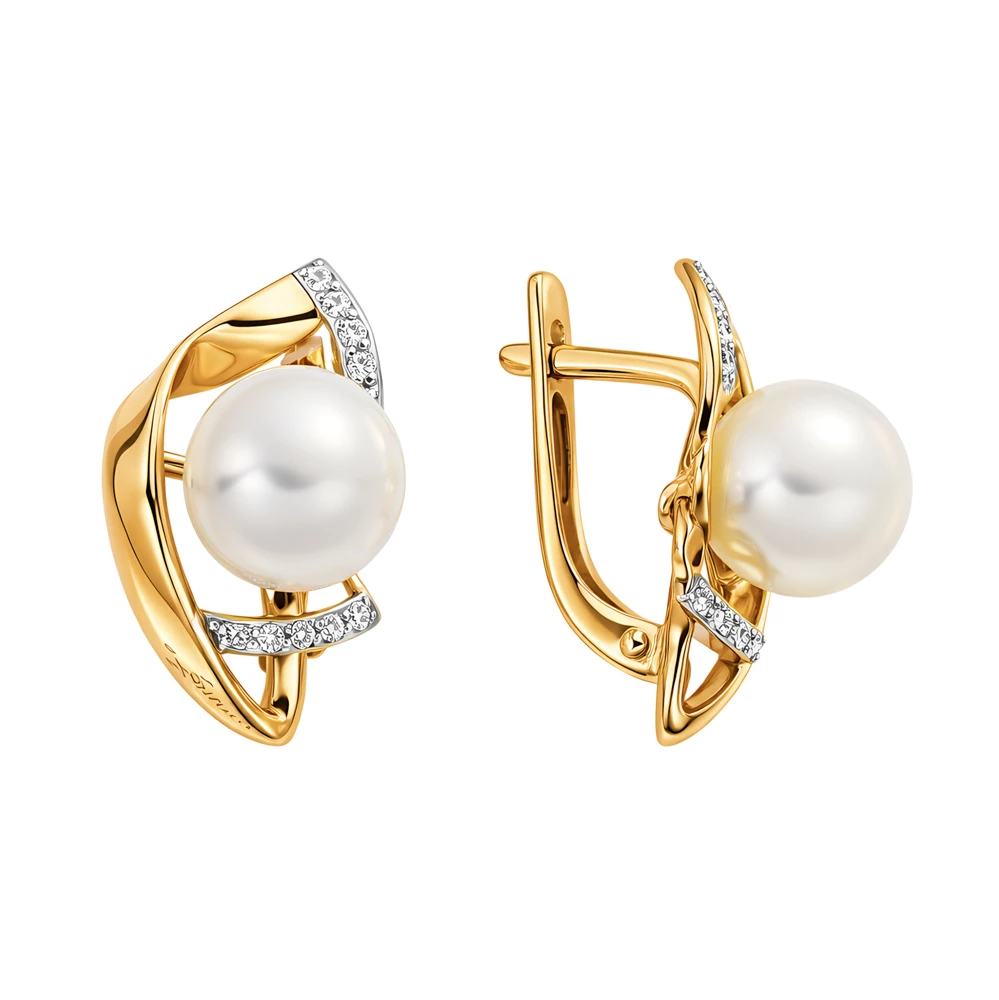 Серьги с культивированным жемчугом и фианитами из красного золота 585 пробы