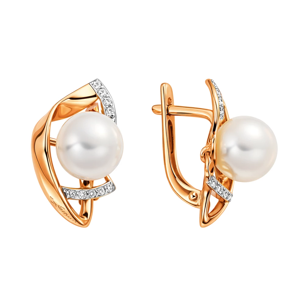 Серьги с культивированным жемчугом и фианитами из красного золота 585 пробы