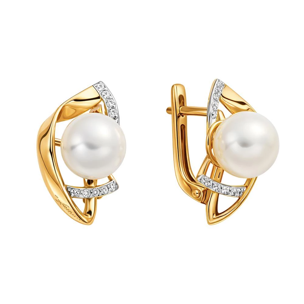 Серьги с культивированным жемчугом и фианитами из красного золота 585 пробы