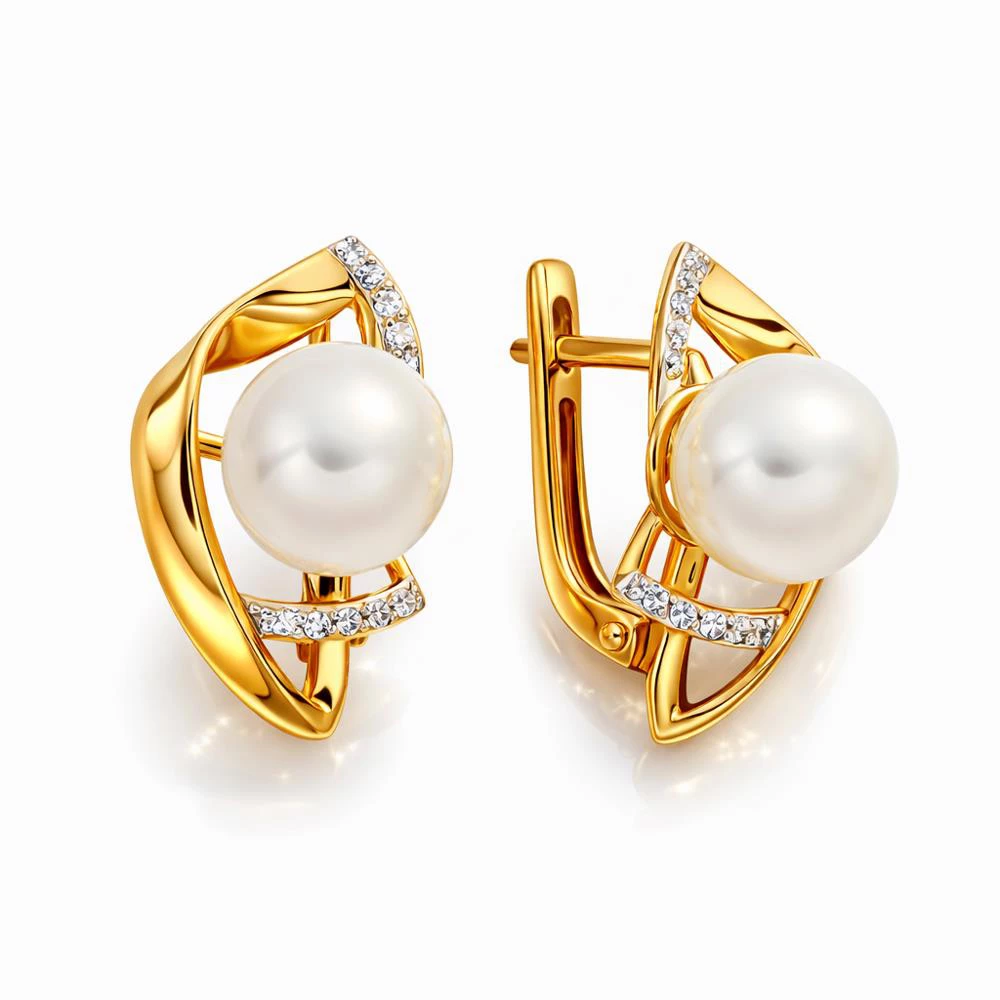 Серьги с культивированным жемчугом и фианитами из красного золота 585 пробы