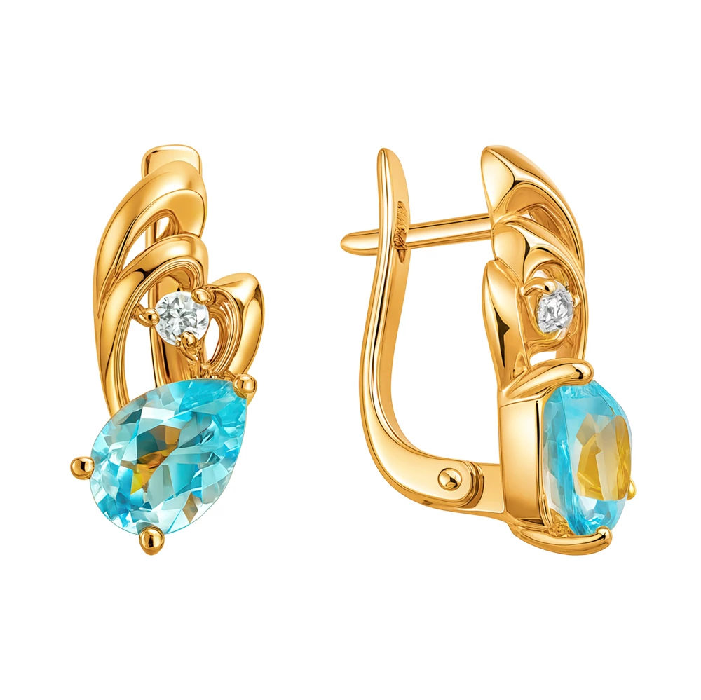 Серьги с топазами и фианитами из красного золота 585 пробы