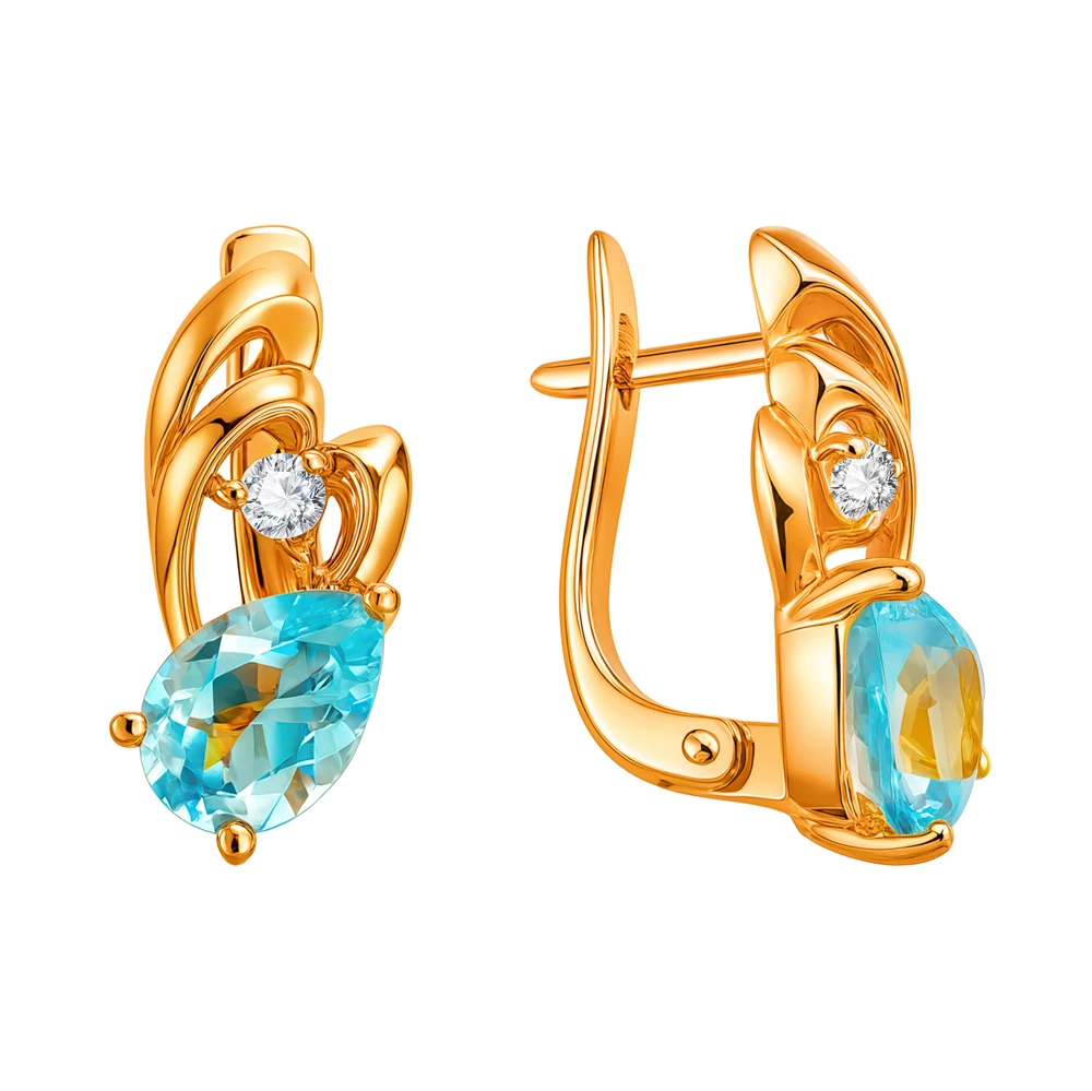 Серьги с топазами и фианитами из красного золота 585 пробы