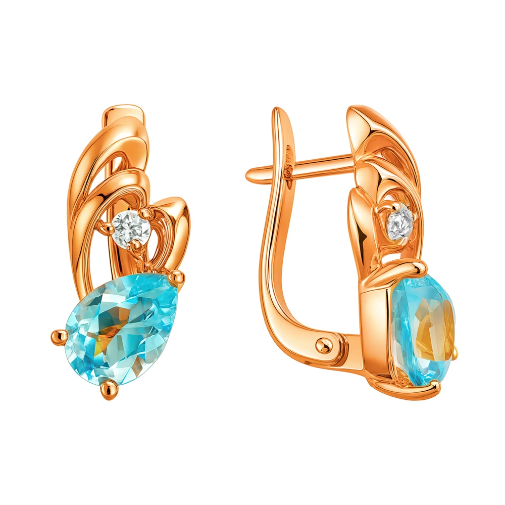 Серьги с топазами и фианитами из красного золота 585 пробы