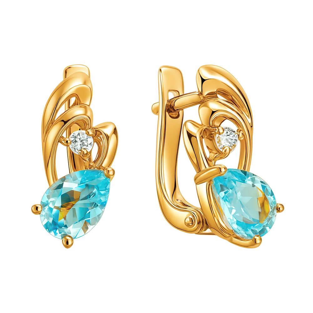 Серьги с топазами и фианитами из красного золота 585 пробы