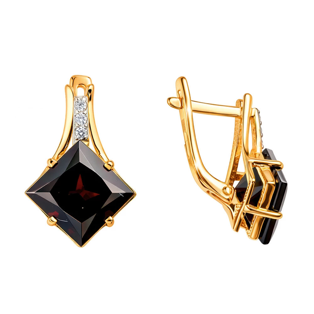 Серьги с гранатами и фианитами из красного золота 585 пробы