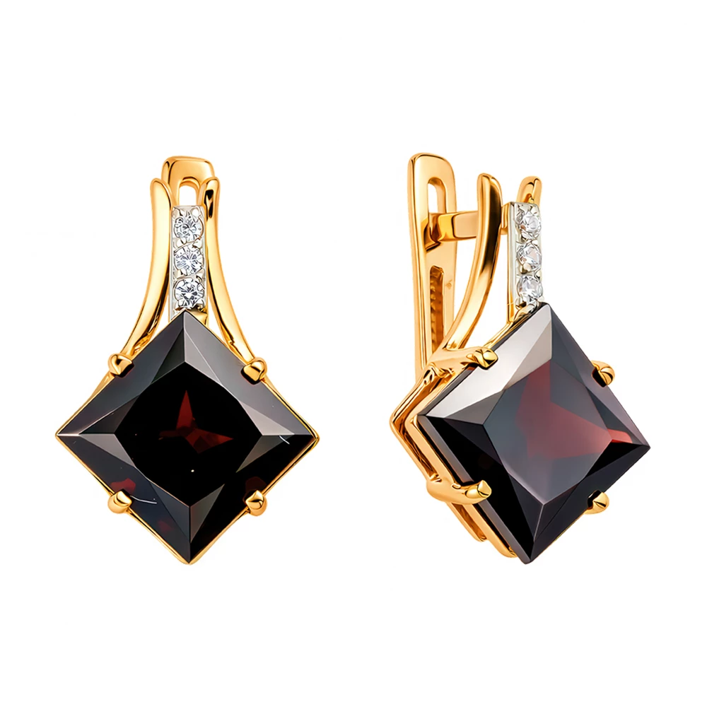 Серьги с гранатами и фианитами из красного золота 585 пробы