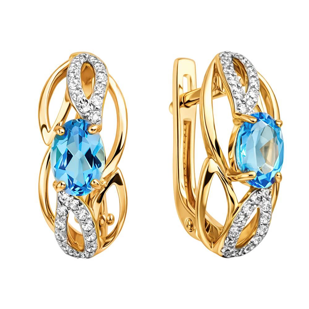 Серьги с топазами и фианитами из красного золота 585 пробы