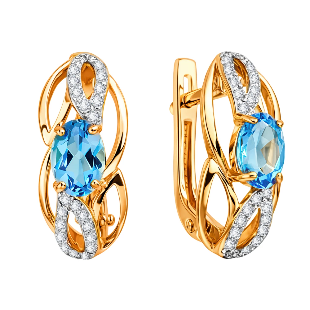 Серьги с топазами и фианитами из красного золота 585 пробы