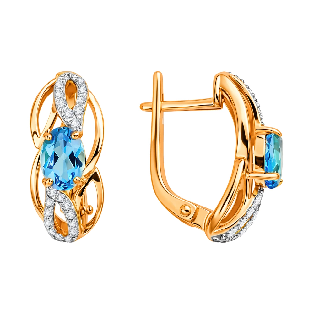 Серьги с топазами и фианитами из красного золота 585 пробы