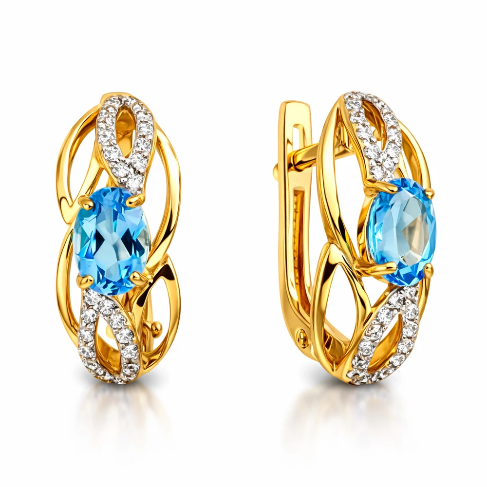 Серьги с топазами и фианитами из красного золота 585 пробы