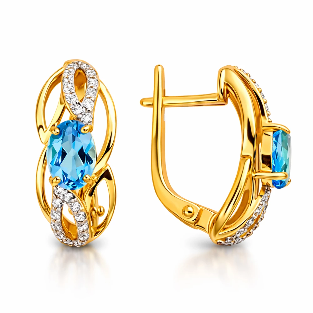 Серьги с топазами и фианитами из красного золота 585 пробы