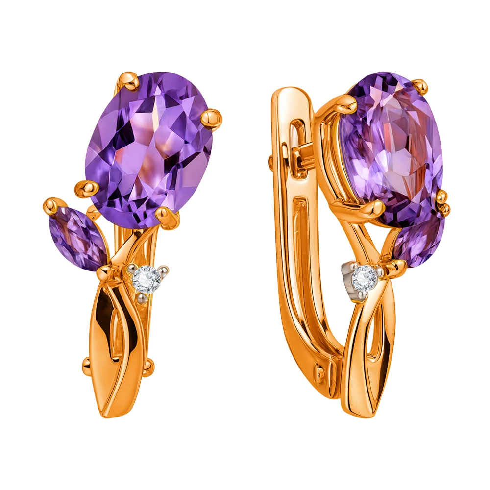 Серьги с аметистами и фианитами из красного золота 585 пробы