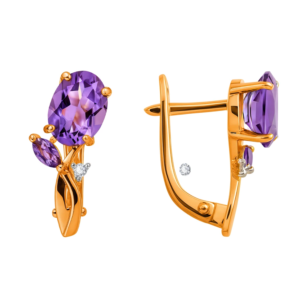 Серьги с аметистами и фианитами из красного золота 585 пробы