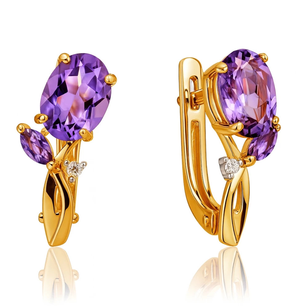 Серьги с аметистами и фианитами из красного золота 585 пробы
