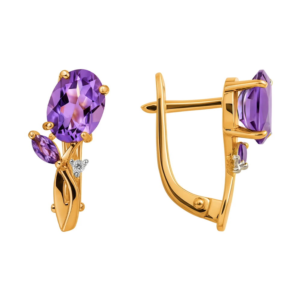 Серьги с аметистами и фианитами из красного золота 585 пробы