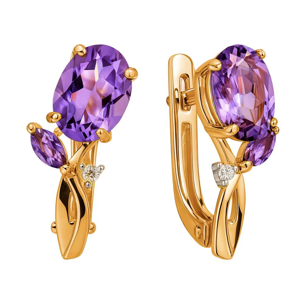 Серьги с аметистами и фианитами из красного золота 585 пробы