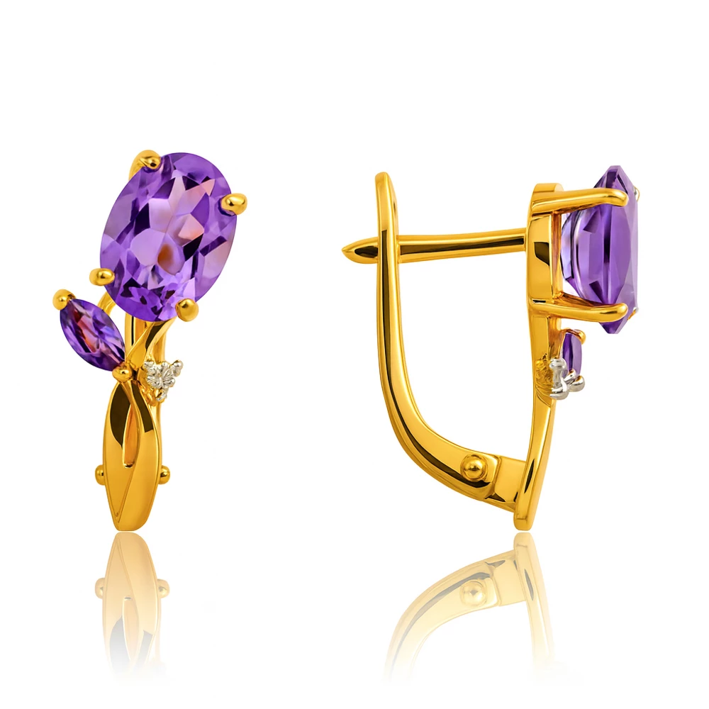 Серьги с аметистами и фианитами из красного золота 585 пробы