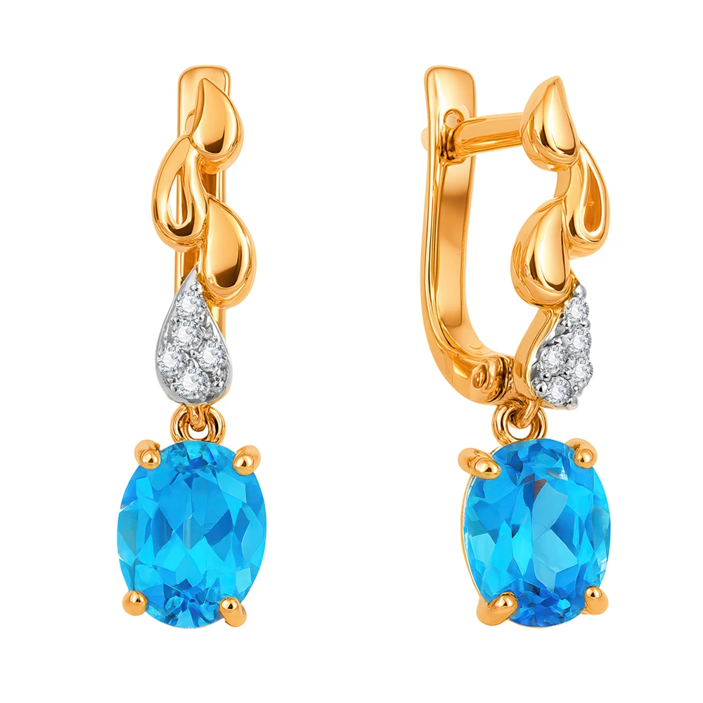 Серьги с топазами и фианитами из красного золота 585 пробы